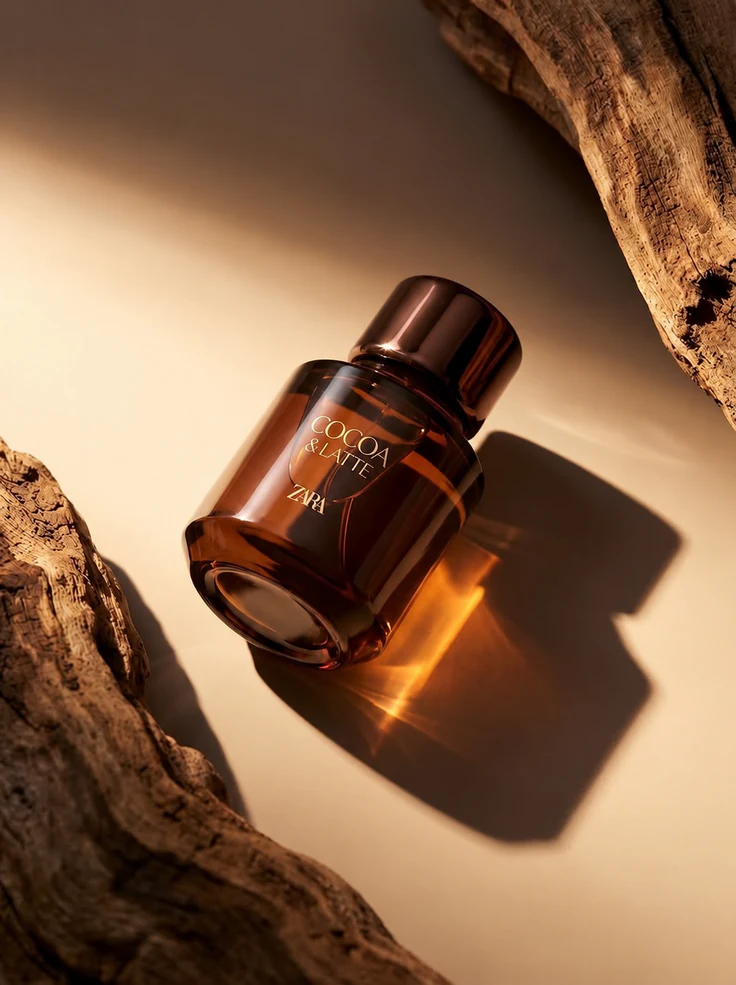 Amber perfume bottle photographed in warm light between textured wood